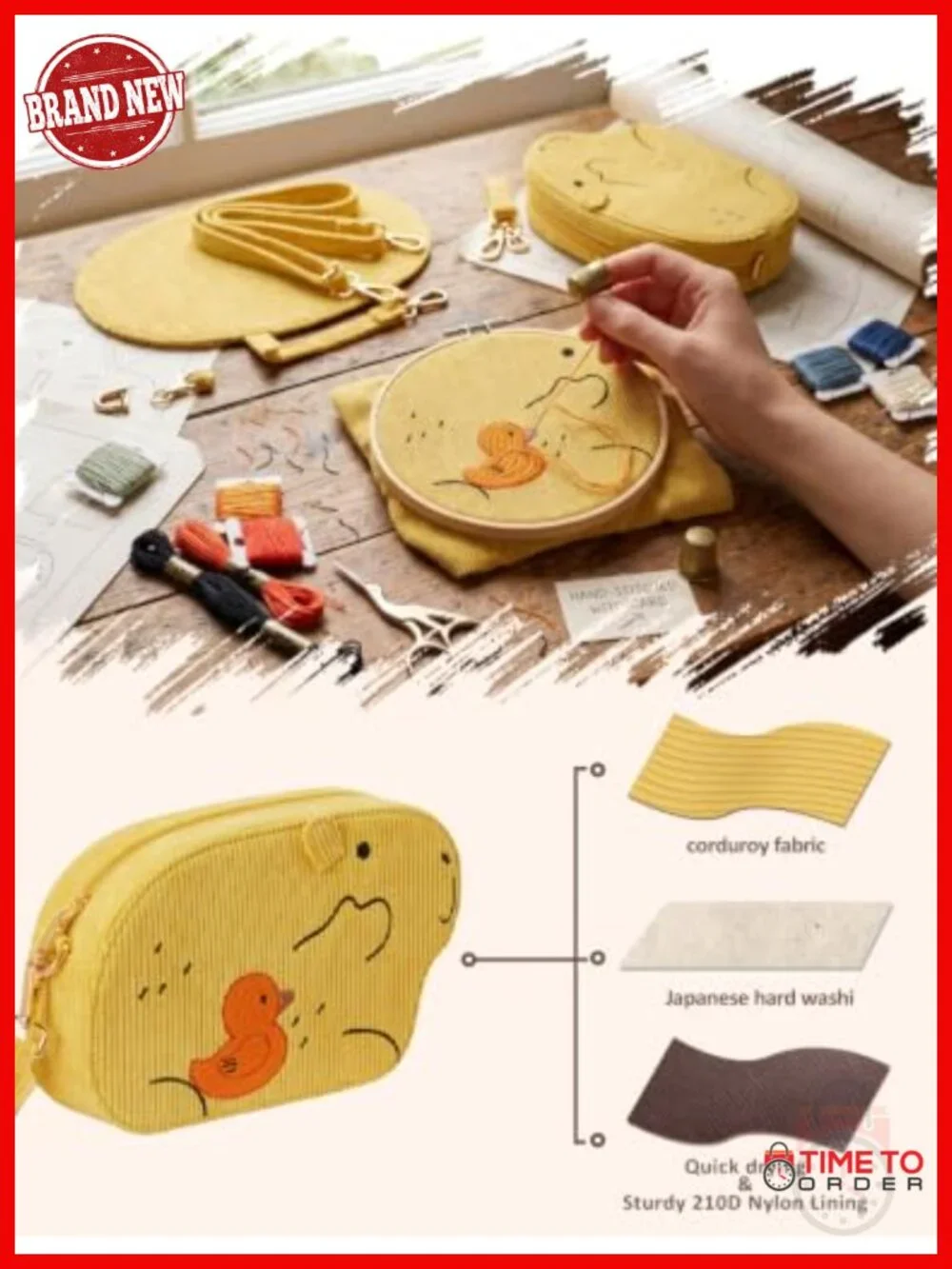 Embroidered Animal Crossbody Bag Corduroy Shoulder Purse Travel Sling